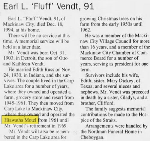 Hiawatha Motel (Quarterdeck Motel) - Dec 1994 Owner Passes Away (newer photo)